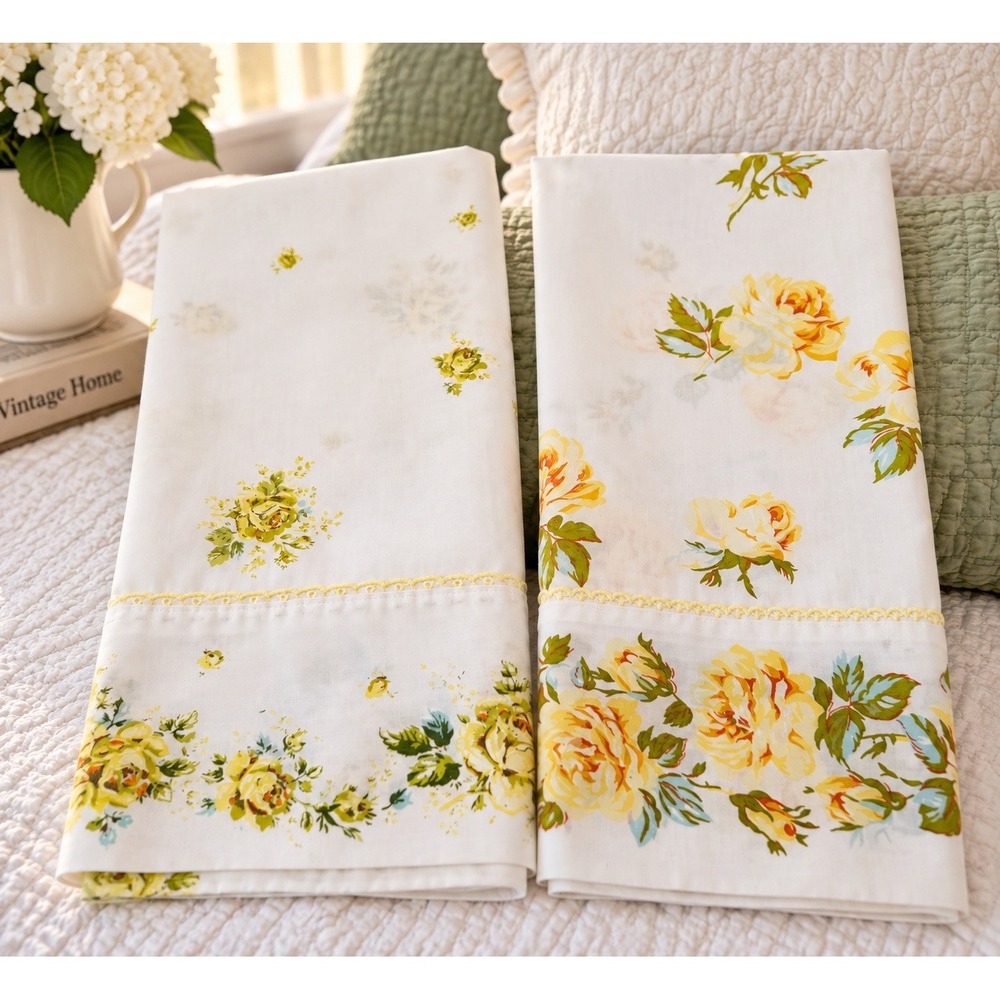 Unbranded Pillowcase Set Unisex Standard White Yellow Excellent Vintage Floral